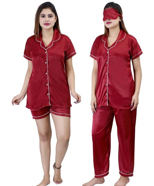 Checkout this latest Nightsuits
Product Name: *Aradhya Alluring Women Nightsuits*
Top Fabric: Satin
Bottom Fabric: Satin
Top Type: Shirt
Bottom Type: Pyjamas
Sleeve Length: Short Sleeves
Pattern: Solid
Net Quantity (N): 2
Sizes:
Free Size (Top Bust Size: 38 in, Top Length Size: 27 in, Bottom Waist Size: 32 in, Bottom Length Size: 39 in) 
Nowadays nightwears make a bold style statement. That is why this pair of satin shirt , pyjama , shorts and eye mask is essential for you as it will keep you in line with the fashion. The cutest marron  colour of this nightwear set quirks up your fashion sense. Made with premium satin fabric; this nightwear set feels smooth on the skin and provides you with long-lasting comfort. The shirt-style top comes with a collar, button placket and sleeves with piping. The pyjama, on the other hand, has an elasticated waistline to give a snug fit.
Country of Origin: India
Easy Returns Available In Case Of Any Issue


SKU: marron-i-mask-456
Supplier Name: SHALU GLOBAL INDIA

Code: 073-49510878-9981

Catalog Name: Aradhya Alluring Women Nightsuits
CatalogID_12351179
M04-C10-SC1045