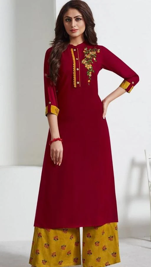 Checkout this latest Kurta Sets
Product Name: *Women Rayon A-line Maroon Palazzos Kurta Set*
Kurta Fabric: Rayon
Bottomwear Fabric: Rayon
Fabric: No Dupatta
Sleeve Length: Three-Quarter Sleeves
Set Type: Kurta With Bottomwear
Bottom Type: Palazzos
Pattern: Embroidered
Multipack: Single
Sizes:
M (Bust Size: 40 in, Kurta Length Size: 46 in, Bottom Waist Size: 32 in, Bottom Length Size: 38 in) 
L (Bust Size: 42 in, Kurta Length Size: 46 in, Bottom Waist Size: 34 in, Bottom Length Size: 38 in) 
XL (Bust Size: 44 in, Kurta Length Size: 46 in, Bottom Waist Size: 36 in, Bottom Length Size: 38 in) 
XXL (Bust Size: 46 in, Kurta Length Size: 46 in, Bottom Waist Size: 38 in, Bottom Length Size: 38 in) 
Country of Origin: India
Easy Returns Available In Case Of Any Issue


Catalog Rating: ★4 (63)

Catalog Name: Women'S Embroidered Rayon Kurta Sets
CatalogID_725890
C74-SC1003
Code: 445-4955570-