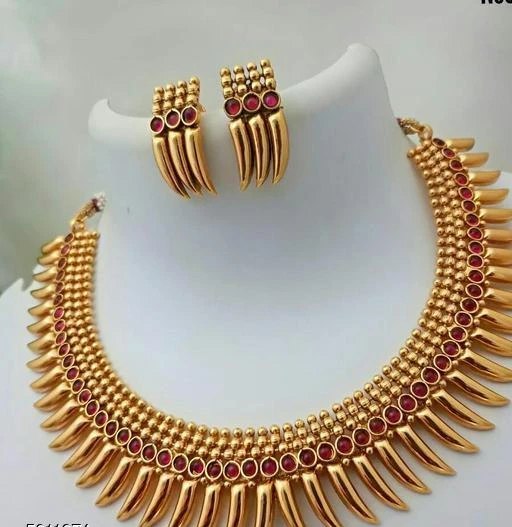 Gold tone pink stone green palakka flower Kerala style necklace dj-411 –  dreamjwell