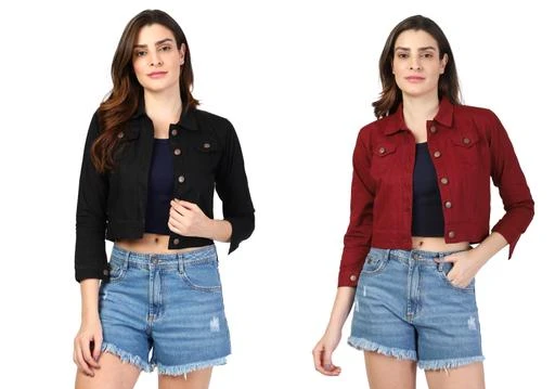 Checkout this latest Jackets
Product Name: *Trendy Fashionista Women Jackets & Waistcoat*
Fabric: Denim
Sleeve Length: Three-Quarter Sleeves
Pattern: Solid
Net Quantity (N): 2
Sizes: 
S (Bust Size: 36 in, Length Size: 21 in, Shoulder Size: 14 in) 
M (Bust Size: 38 in, Length Size: 21 in, Shoulder Size: 14 in) 
L (Bust Size: 40 in, Length Size: 21 in, Shoulder Size: 15 in) 
XL (Bust Size: 42 in, Length Size: 21 in, Shoulder Size: 16 in) 
Denim Jacket Women garment which amalgamates contemporary fashion with your unique style Presents Exclusive Range Of Denim Jacket With Beautiful Button In Front.. Mix Of Western, Formal And Casual Wear.. This Is A Jacket Which Can Be Matched With Formals And Casuals Both Jacket Is Good To Wear In All Seasons Too.. Add This Jacket To Your Wardrobe And Match It With Different Colors Of Shirts/ Tshirts Or Inners To Enhance The Look ALL DAY COMFORT. Crafted from a premium mix of materials to create a classic denim jacket with a unique feel. Guaranteed to provide all day comfort while looking stylish. FUNCTIONAL STYLE. Made with a Cotton blend, this stretch denim jacket is designed with style and function in mind. Wear it out to lunch with friends or dress it up for date night, this essential staple can be worn for many occasions.Product DescriptionProduct Description
Country of Origin: India
Easy Returns Available In Case Of Any Issue


SKU: Black and Maroon Jacket 
Supplier Name: PEHNAWA COLEECTION

Code: 983-52255955-905

Catalog Name: Trendy Elegant Women Jackets & Waistcoat
CatalogID_13189144
M04-C07-SC1023