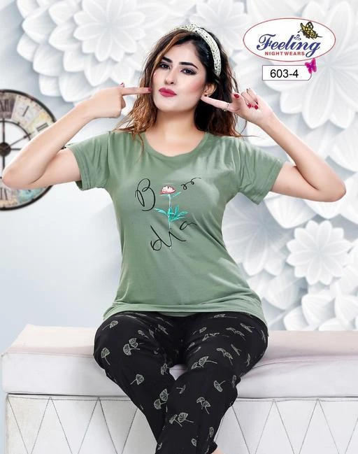 Checkout this latest Nightsuits
Product Name: *Comfortable Feeling Nightsuits*
Top Fabric: Cotton
Bottom Fabric: Cotton
Top Type: Tshirt
Bottom Type: Pyjamas
Sleeve Length: Short Sleeves
Pattern: Printed
Net Quantity (N): 1
Sizes:
M (Top Bust Size: 36 in, Top Length Size: 27 in, Bottom Waist Size: 30 in, Bottom Length Size: 37 in) 
Stylish and dashing Pyjama and t-shirt nightsuit set very comfortable in all seasons. 100% cotton shinker material. Bottom has 1 pocket also. 
Country of Origin: India
Easy Returns Available In Case Of Any Issue


SKU: 603-4
Supplier Name: JIYU FASHION

Code: 836-52675629-9991

Catalog Name: Divine Stylish Women Nightsuits
CatalogID_13320388
M04-C10-SC1045