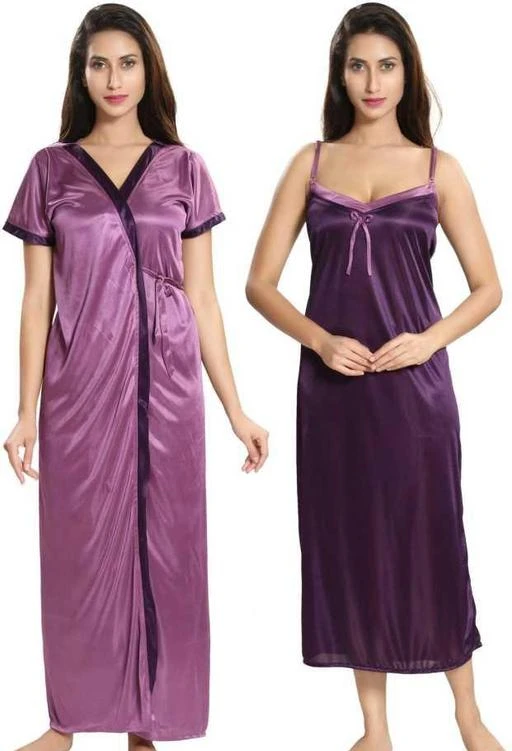 Solid Pattern Short Sleeve Light Satin Nighty