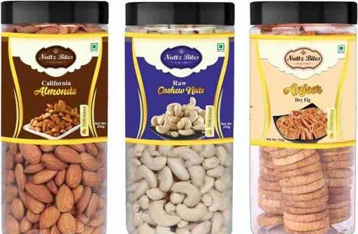 Checkout this latest Dry Fruits
Product Name: *Nuttz Bites Premium California Almond (250g) Raw Cashew (250g) and Anjeer Dried Figs (250g) 750g Dry Fruits Combo Pack- Almonds, Cashews, Figs (3 x 250 g) Almonds, Cashews, Figs*
Product Name: Nuttz Bites Premium California Almond (250g) Raw Cashew (250g) and Anjeer Dried Figs (250g) 750g Dry Fruits Combo Pack- Almonds, Cashews, Figs (3 x 250 g) Almonds, Cashews, Figs
Brand Name: Nuttz Bites
Brand: others
Form: Softgel
Quantity: Below 250mg
Multipack: 3
Maximum Shelf Life: 6 months
In Jar Contents: California Almonds 250g|Premium Cashew Nut 250g| Dried Anjeer Figs 250g Good for an active lifestyle - perfect heart healthy snack 100 percent natural crunchy cashew nuts. Good for an active life style, perfect for snacking, Hearts best friend, contains oleic acid, improves cardiovascular system, Rice sources of antioxidants, minerals and vitamins, Low fat content and also lowers harmful LDL, cholesterol. Anjeer/figs are rich in beneficial nutrients including vitamin A, vitamin B1, vitamin B2 calcium, iron, phosphorus, sodium, and chlorine. Best for Anytime Guilt Free Snacking - Mixed Dry Fruits Combo
Country of Origin: india
Easy Returns Available In Case Of Any Issue


SKU: Almond_cashew_anjeer_250gm_Each_Jar
Supplier Name: Nuttz Bites

Code: 677-54381755-5251

Catalog Name: Dry Fruits Combo
CatalogID_13861585
M16-C66-SC1738