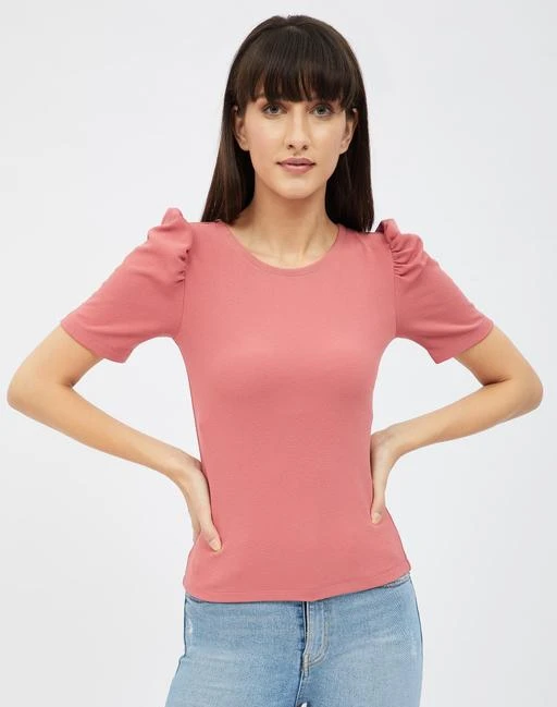  Harpa Pink Solid Puff Short Sleeve Tops Tunics / Harpa