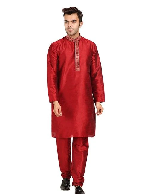 Checkout this latest Kurta Sets
Product Name: *ONE FORT Men's Silk Kurta Pyjama set*
Top Fabric: Art Silk
Bottom Fabric: Art Silk
Scarf Fabric: Art Silk
Sleeve Length: Long Sleeves
Bottom Type: Churidar Pant
Stitch Type: Stitched
Pattern: Solid
Sizes:
M (Chest Size: 42 in, Top Length Size: 38 in, Top Waist  Size: 42 in, Top Hip Size: 42 in, Bottom Waist Size: 50 in, Bottom Hip Size: 50 in, Bottom Length Size: 35 in) 
L (Chest Size: 44 in, Top Length Size: 40 in, Top Waist  Size: 44 in, Top Hip Size: 44 in, Bottom Waist Size: 50 in, Bottom Hip Size: 50 in, Bottom Length Size: 35 in) 
ONE FORT brings to you these stylish kurta pyjama for men cotton or cotton blended material stitched meticulously to fit all body type. This fabric has been designed keeping in mind the latest trends in a casual fashion or occassional fashion. Engineering garments which fit all body types and style is our aim. These kurta pajama for men party wear or regular wear are made with superior quality very soft fabric and comfortable wear. For one of those big parties just pair the set with a Modi Jacket for mens stylish to avoid carrying a servani or indo western for men. We are giving a churidar with the kurtha but you can also add a dhoti for men for a change in look in the next get together. To complete the look adorn a mojari or jutti slippers for men stylish, you may also try an authentic Kohlapuri chappal for men, the fashionistas and millennial folks may experiment with a brogues or oxfords juta for men stylish. Suitable for: Party, Weddings, Regular Wear, Celebrations, Occasions, Festivals, Lohri, Pongal, Makar Sakranti, Baisakhi, Holi, Eid, Raksha Bandhan, Dussehra, Diwali, Navratri, Pooja, Christmas, Onam, Ganesh Chaturthi, Janmasthmi and Gifts for Mens.
Country of Origin: India
Easy Returns Available In Case Of Any Issue


SKU: nK-9Rg_-
Supplier Name: ONE FORT

Code: 764-55451743-999

Catalog Name: Classic Men Kurta Sets
CatalogID_14211701
M06-C18-SC1201