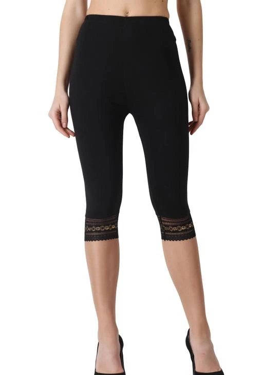  Women Cotton Spandex Short Capri Legging Lace Black