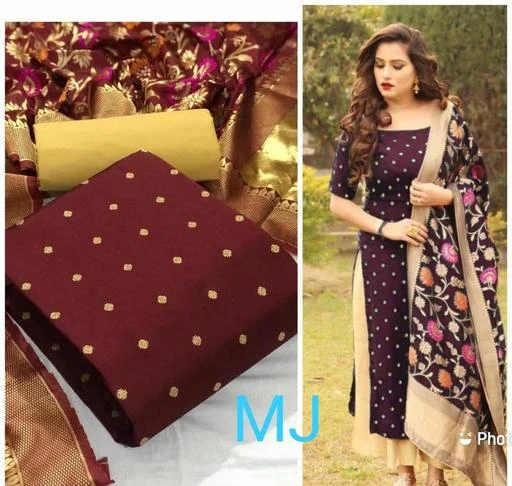 Checkout this latest Semi-Stitched Suits
Product Name: *Trendy Semistitched Suits*
Top Fabric: Banarasi Silk
Lining Fabric: No Lining
Bottom Fabric: Shantoon
Multipack: Single
Sizes: 
Un Stitched (Top Bust Size: Up To 46 in, Top Length Size: 54 in, Bottom Length Size: 2 in, Dupatta Length Size: 2.2 in) 
Country of Origin: India
Easy Returns Available In Case Of Any Issue


Catalog Rating: ★3.8 (4)

Catalog Name: Myra Fashionable Semi-Stitched Suits
CatalogID_14744820
C74-SC1522
Code: 153-57124303-999