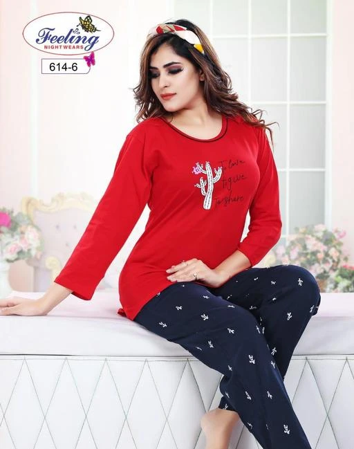 Checkout this latest Nightsuits
Product Name: *Stylish Full Sleeve Nightsuits*
Top Fabric: Cotton
Bottom Fabric: Cotton
Top Type: Tshirt
Bottom Type: Pyjamas
Sleeve Length: Long Sleeves
Pattern: Printed
Multipack: 1
Sizes:
L (Top Bust Size: 38 in, Top Length Size: 28 in, Bottom Waist Size: 34 in, Bottom Length Size: 40 in) 
XXL (Top Bust Size: 42 in, Top Length Size: 29 in, Bottom Waist Size: 40 in, Bottom Length Size: 41 in) 
Country of Origin: India
Easy Returns Available In Case Of Any Issue


Catalog Rating: ★4.3 (69)

Catalog Name: Aradhya Fashionable Women Nightsuits
CatalogID_14888890
C76-SC1045
Code: 026-57571235-9991