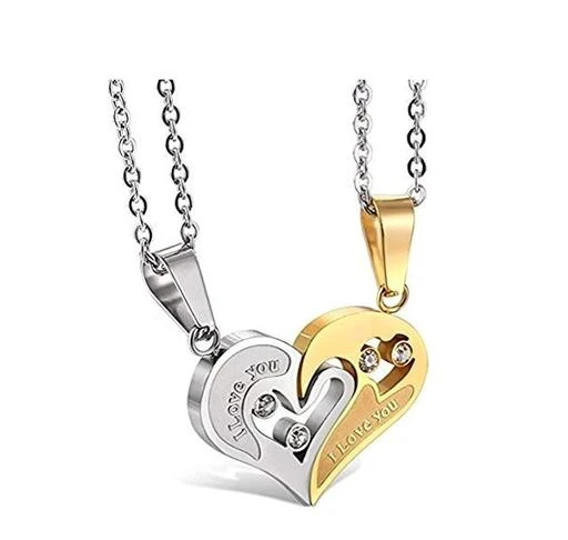 Simple love you stainless steel broken hot sale two heart pendant men couples chain necklace