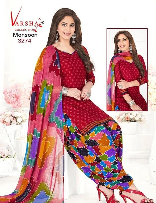 Checkout this latest Suits
Product Name: *Fashion valley Crepe Printed Salwar Suit Material  (Unstitched)*
Top Fabric: Synthetic + Top Length: 2 Meters
Bottom Fabric: Synthetic Crepe + Bottom Length: 2.26-2.50
Dupatta Fabric: Chiffon + Dupatta Length: 2.2 Meters
Lining Fabric: Synthetic
Type: Un Stitched
Pattern: Printed
Net Quantity (N): Single
Look flawless when you drape this beautiful punjabi patiyala clothing design with artistic approach of floral motif. This wonderful Crepe patiala chudithar will be a latest addition to your wardrobe. This unstitched trendy churidhar dress can be used for festive,wedding,office and casual wear. The salwar kameez designer comes along with a beautiful long dupatta which looks lovely. One of the best churidar kameez suit you will choose for yourself in the indian ethnic wear summer designs collection.The chudi material is printed and contains kurta, salwar and dupatta.Flaunt your curves & grab complimenting views with this cheap and best chudidhar like never before. Targets : Women, Ladies, Chudidar Packing Fabric: Crepe
Country of Origin: India
Easy Returns Available In Case Of Any Issue


SKU: varasha3274_0611
Supplier Name: JFV

Code: 604-59363875-0091

Catalog Name: Abhisarika Superior Salwar Suits & Dress Materials
CatalogID_15496986
M03-C05-SC1002