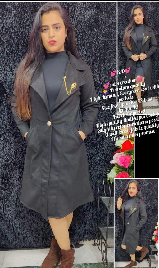 Checkout this latest Coats & Jackets
Product Name: *LONG COAT JACKET*
Sizes:
M (Bust Size: 38 in, Length Size: 39 in) 
This long coat or jacket is in imported fabric very comfortable and rich look personalty.
Country of Origin: India
Easy Returns Available In Case Of Any Issue


SKU: COATBLACK
Supplier Name: TIARA WORLD

Code: 137-60265526-9991

Catalog Name: Pretty Retro Women Coats & Jackets
CatalogID_15812243
M04-C07-SC1029