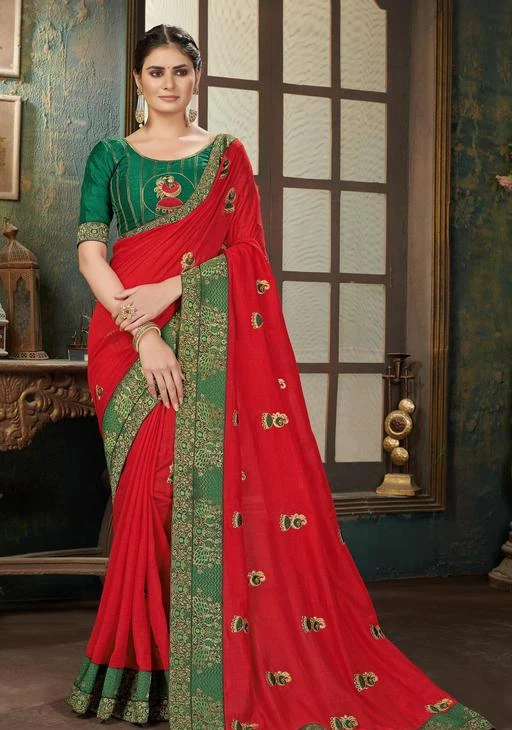 Green Vichitra Silk Embroidered Designer Stunning Saree Blouse