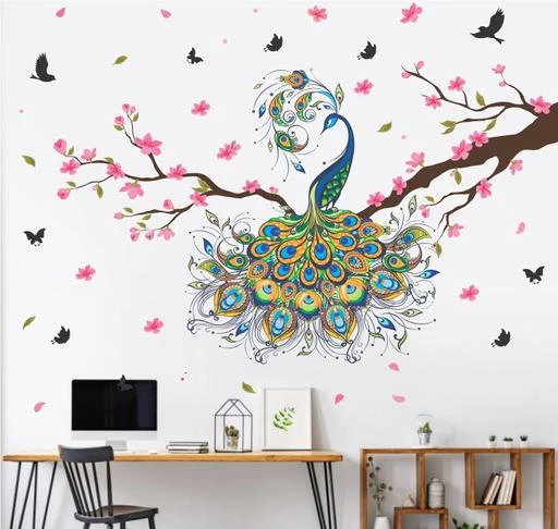 Wall Stickers & Murals CAVE ART ' Peacock - sitting on branch - pink -  cherry - flower - birds - butterfly - colorful - decorative - wallsticker '  
