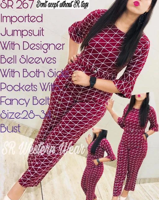 Checkout this latest Jumpsuits
Product Name: *Sia Attractive Women's Jumpsuit*
Fabric: Acrylic
Sleeve Length: Three-Quarter Sleeves
Pattern: Printed
Net Quantity (N): 1
Sizes: 
S, M, L (Bust Size: 38 in, Length Size: 48 in) 
Country of Origin: India
Easy Returns Available In Case Of Any Issue


SKU: O3
Supplier Name: OJASVI CREATIONS

Code: 774-6091983-3291

Catalog Name: Trendy Graceful Women Jumpsuits
CatalogID_926347
M04-C07-SC1030