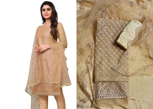 Checkout this latest Semi-Stitched Suits
Product Name: *Trendy Semistitched Suits*
Top Fabric: Net
Lining Fabric: Shantoon
Bottom Fabric: Shantoon
Dupatta Fabric: Net
Pattern: Embroidered
Net Quantity (N): Single
Top Fabric : Net || Bottom Fabric : Santoon || Dupatta Fabric : Net || Inner Fabric : Santoon.
? Top Length : 44 Inch || Bottom : 2.5 Mtr || Inner : 2 Mtr || Dupatta Length : 2.25 Mtr
? Dress Material Set Contains :- 1 Semi Stitched Top with 2 mtr inner , 1 Bottom , 1 Dupatta
? Sleeve : Full Sleeve || Work : Sequince Embroidered
? Free Size (Semi-Stitched up to 44)
Sizes: 
Semi Stitched (Top Bust Size: Up To 48 m, Top Length Size: 44 m, Bottom Length Size: 2.5 m, Dupatta Length Size: 2.25 m) 
Country of Origin: India
Easy Returns Available In Case Of Any Issue


SKU: 1445050198
Supplier Name: Luxurious

Code: 677-61441346-999

Catalog Name: Abhisarika Sensational Semi-Stitched Suits
CatalogID_16192971
M03-C05-SC1522