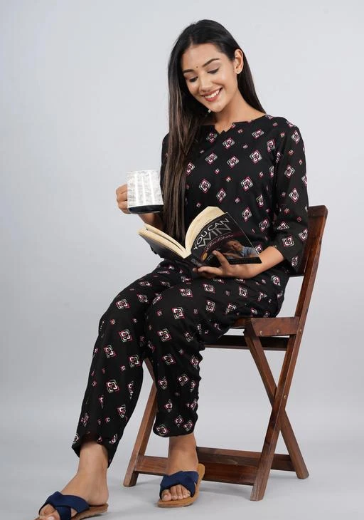 Checkout this latest Nightsuits
Product Name: * Night Suit Set (Rayon,Black)*
Top Fabric: Rayon
Bottom Fabric: Rayon
Top Type: Regular Top
Bottom Type: Pyjamas
Sleeve Length: Three-Quarter Sleeves
Pattern: Printed
Net Quantity (N): 1
Sizes:
M (Top Bust Size: 38 in, Top Length Size: 30 in, Bottom Waist Size: 36 in, Bottom Hip Size: 38 in, Bottom Length Size: 40 in) 
L (Top Bust Size: 40 in, Top Length Size: 30 in, Bottom Waist Size: 38 in, Bottom Hip Size: 40 in, Bottom Length Size: 40 in) 
XL (Top Bust Size: 42 in, Top Length Size: 30 in, Bottom Waist Size: 40 in, Bottom Hip Size: 42 in, Bottom Length Size: 40 in) 
XXL (Top Bust Size: 44 in, Top Length Size: 30 in, Bottom Waist Size: 42 in, Bottom Hip Size: 44 in, Bottom Length Size: 40 in) 
XXXL (Top Bust Size: 46 in, Top Length Size: 30 in, Bottom Waist Size: 44 in, Bottom Hip Size: 46 in, Bottom Length Size: 40 in) 
RAYON BLACK NIGHTSUITS
Country of Origin: India
Easy Returns Available In Case Of Any Issue


SKU: GF186_BLACK
Supplier Name: GUNJAN FAB

Code: 024-62070121-9921

Catalog Name: Divine Alluring Women Nightsuits
CatalogID_16423362
M04-C10-SC1045