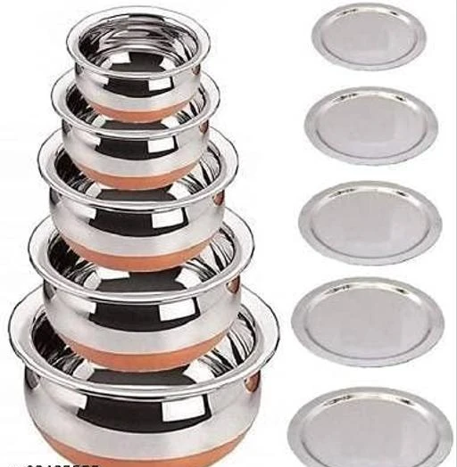 Checkout this latest Serving Casseroles & Tureens
Product Name: *casserols & serveware Stainless Steel Copper Bottom Handi with lid - Kitchen Serving & Cookware Bowl Cooking Bowl | Handi Set 5-Pieces | Biryani Handi Set*
Material: Stainless Steel
Capacity: 5
Product Breadth: 0.5 Cm
Product Height: 10 Cm
Product Length: 1.5 Cm
Net Quantity (N): Multipack
CAPACITIES :1600ML,1200ML,1000ML,800ML,400ML  WITH LID AND PACK OK 5 Package Contents Five Piece Of Copper Bottom Handi and Lids Sets Eas to clean and wash, yDurable as a daily serve ware set.Stainless Steel DESIGN: These Classy Copper Bottom Handi with Lid are only attractive to look But also has a very large capacity. They can be used not only to cook food, But at the same time due to their high storage space and attractive looks, You can use them as a Cookware as well as Serveware on your Table Top. MATERIAL: Copper Bottom. Premium Quality Mirror Finish Stainless Steel Deep Vessel /Handi / Cooking Pot For Kitchen. Export Quality Stainless Steel Making The Utensil Highly Durable, Long Lasting & Rust Free. Giving It A Long Live, Keeping It Beautiful For Years /Generations. Less Stain Steel Cookware. EASY TO HANDLE: Compact Size Makes It Easy To Store In Kitchen Cupboards. Easy To Clean & Maintain. USE: Ideal For Daily Use On Your Gas Stove. Energy Efficient. Heats Evenly And Cooks Faster.Food Will Not Stick To Your Pan.
Country of Origin: India
Easy Returns Available In Case Of Any Issue


SKU: TEJ HANDI DISH
Supplier Name: FORYOU

Code: 847-62425555-999

Catalog Name: casserols & serveware
CatalogID_16539467
M08-C23-SC2103
.