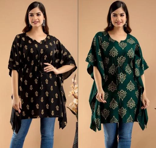 Checkout this latest Long Kaftans
Product Name: *Myra Black And Green Printed Women Top Combo*
Fabric: Rayon
Sleeve Length: Three-Quarter Sleeves
Pattern: Printed
Multipack: 2
Sizes:
S (Bust Size: 36 in) 
XL (Bust Size: 42 in) 
L (Bust Size: 40 in) 
M (Bust Size: 38 in) 
XXL (Bust Size: 44 in) 
Myra Black And Green Printed Women Kaftan Combo
Country of Origin: India
Easy Returns Available In Case Of Any Issue


SKU: SB107-108
Supplier Name: S B CREATIONS.

Code: 316-63125139-9991

Catalog Name: Fancy Fashionable Women Kaftan 
CatalogID_16773373
M04-C07-SC1020