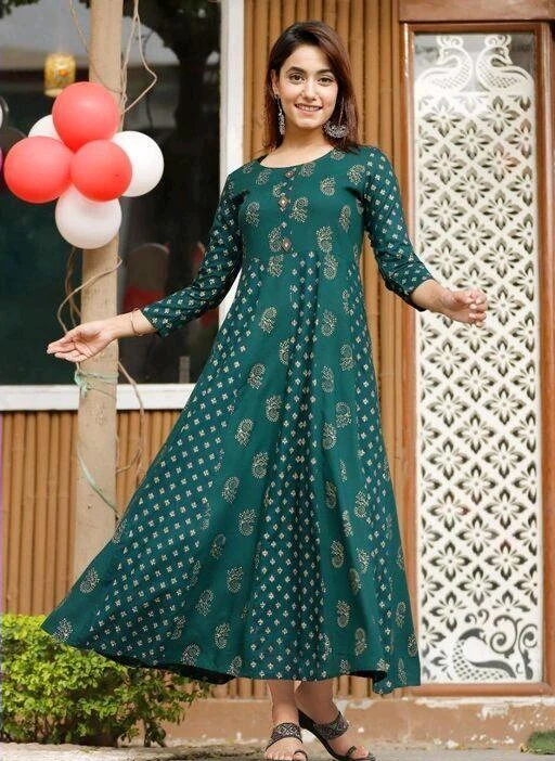 Checkout this latest Kurtis
Product Name: *Latest Flared Printed Kurtis for Women*
Fabric: Rayon
Sleeve Length: Three-Quarter Sleeves
Pattern: Printed
Combo of: Single
Sizes:
S, L (Bust Size: 40 in, Size Length: 51 in) 
Flared Trendy Stylish Kurtis for Women, available in S, M, L, XL, XXL, 3XL, 4XL, 5XL Sizes, Fabric: Rayon, Print: Foil Print, Flare: 46 Inches in 10 Kali, Brand: Nomura, Colors: 7 Color Options
Country of Origin: India
Easy Returns Available In Case Of Any Issue


SKU: RN10-GREEN
Supplier Name: Nakoda Exports

Code: 953-63222876-5921

Catalog Name: Kashvi Refined Kurtis
CatalogID_16801715
M03-C03-SC1001