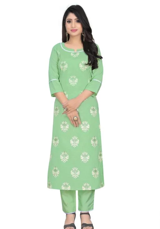 Checkout this latest Kurta Sets
Product Name: *Kushal Fashion Stylish Cotton Blend Green Block Print with Sparkle Women Kurta Sets*
Kurta Fabric: Cotton Blend
Bottomwear Fabric: Cotton Blend
Fabric: No Dupatta
Sleeve Length: Three-Quarter Sleeves
Set Type: Kurta With Bottomwear
Bottom Type: Pants
Pattern: Embroidered
Net Quantity (N): Single
Sizes:
XS, S (Bust Size: 36 in, Shoulder Size: 13.5 in, Kurta Waist Size: 32 in, Kurta Hip Size: 40 in, Kurta Length Size: 46 in, Bottom Waist Size: 24 in, Bottom Hip Size: 40 in, Bottom Length Size: 37 in) 
M (Bust Size: 38 in, Shoulder Size: 14 in, Kurta Waist Size: 34 in, Kurta Hip Size: 42 in, Kurta Length Size: 46 in, Bottom Waist Size: 26 in, Bottom Hip Size: 42 in, Bottom Length Size: 37 in) 
L (Bust Size: 40 in, Shoulder Size: 14.5 in, Kurta Waist Size: 36 in, Kurta Hip Size: 44 in, Kurta Length Size: 46 in, Bottom Waist Size: 28 in, Bottom Hip Size: 44 in, Bottom Length Size: 37 in) 
XL (Bust Size: 42 in, Shoulder Size: 15 in, Kurta Waist Size: 38 in, Kurta Hip Size: 46 in, Kurta Length Size: 46 in, Bottom Waist Size: 30 in, Bottom Hip Size: 46 in, Bottom Length Size: 37 in) 
XXL (Bust Size: 44 in, Shoulder Size: 15.5 in, Kurta Waist Size: 40 in, Kurta Hip Size: 48 in, Kurta Length Size: 46 in, Bottom Waist Size: 32 in, Bottom Hip Size: 48 in, Bottom Length Size: 37 in) 
XXXL (Bust Size: 46 in, Shoulder Size: 16 in, Kurta Waist Size: 42 in, Kurta Hip Size: 50 in, Kurta Length Size: 46 in, Bottom Waist Size: 34 in, Bottom Hip Size: 50 in, Bottom Length Size: 37 in) 
4XL, 5XL
Look Simply Beautiful Adorning This Elegant Block Printed Kurta And Bottom Set From Kushal Fashion. Crafted In Finest Fabric And Stitched Into Comfort Fit, This Set Is A Perfect All Season Wear Outfit. Be Your Own Style Icon With Mesmerizing Kurta And Bottom Set.  This Magnetize Kurta Set Prettified With Beautiful Block Print Which Makes It More Elegant Look. The Designer Keeps In Mind The Needs Of A Versatile Shoppers. Garner The Attention Of Many By Wearing This Kurta And Bottom Set From Kushal Fashion.
Country of Origin: India
Easy Returns Available In Case Of Any Issue


SKU: KK-0014 
Supplier Name: Rushiv Creation

Code: 935-63587934-9941

Catalog Name: Adrika Pretty Women Kurta Sets
CatalogID_16913615
M03-C04-SC1003