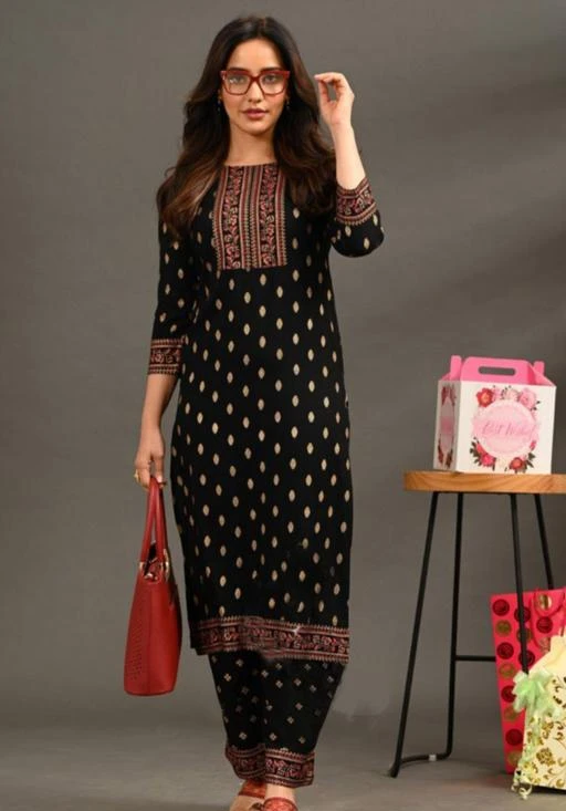 Fcity In Ethnic Villaa Women Rayon Straight Embroidered Kurta And Palazzo Set