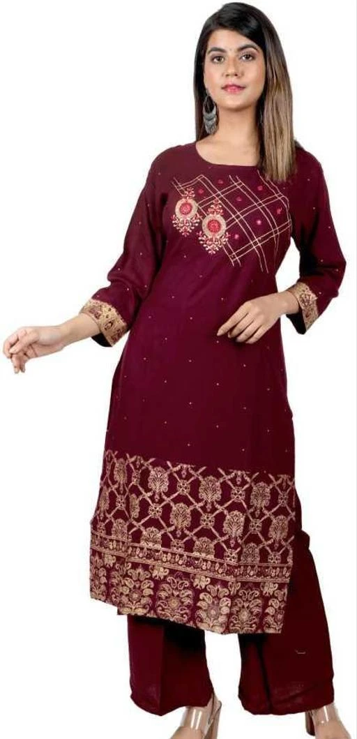 Checkout this latest Kurta Sets
Product Name: *Banita Voguish Women Kurta Sets*
Kurta Fabric: Rayon
Bottomwear Fabric: Rayon
Fabric: Rayon
Sleeve Length: Three-Quarter Sleeves
Set Type: Kurta With Bottomwear
Bottom Type: Palazzos
Pattern: Embroidered
Net Quantity (N): Single
Sizes:
M (Bust Size: 38 in, Shoulder Size: 15 in, Kurta Length Size: 39 in, Bottom Waist Size: 32 in, Bottom Length Size: 40 in) 
L (Bust Size: 40 in, Shoulder Size: 15.5 in, Kurta Length Size: 40 in, Bottom Waist Size: 32 in, Bottom Length Size: 40 in) 
XL (Bust Size: 42 in, Shoulder Size: 16 in, Kurta Length Size: 40 in, Bottom Waist Size: 32 in, Bottom Length Size: 40 in) 
XXL (Bust Size: 44 in, Shoulder Size: 16.5 in, Kurta Length Size: 40 in, Bottom Waist Size: 32 in, Bottom Length Size: 40 in) 
Maroon Embroidered women Kurti & Plazoo set indo era,,Fabric Care:- First few wash separately,Dark colors to be wash separately,Cold machine wash,Dry In Shade.  
Country of Origin: India
Easy Returns Available In Case Of Any Issue


SKU: _SNAVgkD
Supplier Name: Shree brahmanand fabrics

Code: 914-65986566-998

Catalog Name: Banita Voguish Women Kurta Sets
CatalogID_17687902
M03-C04-SC1003
