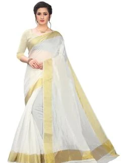 Kasavu Cotton Blend White Saree With Blouse