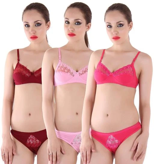  Women Net Bra Panty Set For Sexy And Hot Looking Pack Of 3  Multicolor