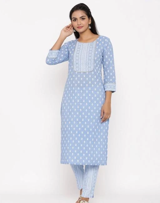 Checkout this latest Kurta Sets
Product Name: *Women Cotton Kurta and Pant Set (Sky Blue)*
Kurta Fabric: Cotton
Bottomwear Fabric: Cotton
Fabric: Cotton
Sleeve Length: Three-Quarter Sleeves
Set Type: Kurta With Bottomwear
Bottom Type: Pants
Pattern: Printed
Sizes:
XL (Bust Size: 38 in, Shoulder Size: 16 in, Kurta Waist Size: 36 in, Kurta Hip Size: 38 in, Kurta Length Size: 42 in, Bottom Waist Size: 36 in, Bottom Hip Size: 38 in, Bottom Length Size: 36 in) 
XXL (Bust Size: 40 in, Shoulder Size: 16.5 in, Kurta Waist Size: 38 in, Kurta Hip Size: 40 in, Kurta Length Size: 42 in, Bottom Waist Size: 38 in, Bottom Hip Size: 40 in, Bottom Length Size: 36 in) 
XXXL
Sanjay Enterprises Women's Clothing Regular Wear Rayon Kurti This is Designed as per the latest trends to keep you in sync with high fashion and other occasion, it will keep you comfortable all day long. The lovely design forms a substantial feature of this wear. It looks stunning every time you match it with accessories. This attractive cotton Kurti will surely fetch you compliments for your rich sense of style. Stow away your old stuff when you wear this cotton Kurti. Light in weight Daily Wear, Working Wear cotton Kurti will be soft against your skin. Its Simple and unique design and beautiful colours, prints and patterns. Stitched in regular fit, this cotton Kurti for women will keep you comfortable all day long.
Country of Origin: India
Easy Returns Available In Case Of Any Issue


SKU: SEP-BABY-5661-Blue
Supplier Name: sanjay_enterprises

Code: 926-68712857-9921

Catalog Name: Aishani Drishya Women Kurta Sets
CatalogID_18619739
M03-C04-SC1003