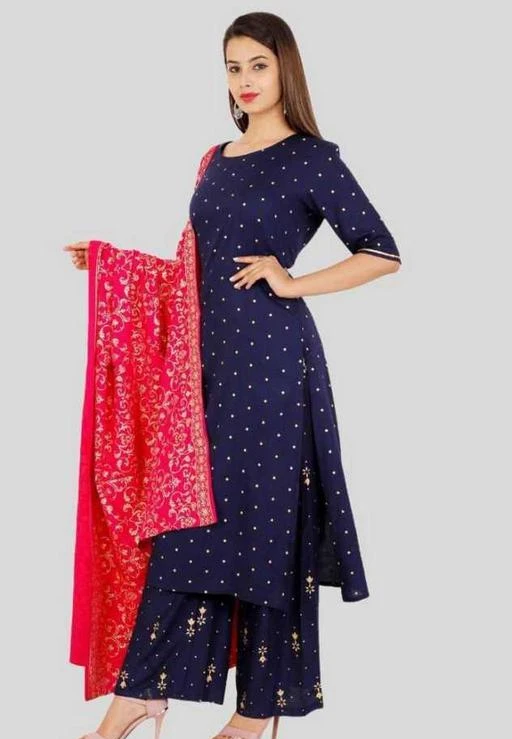 Checkout this latest Kurta Sets
Product Name: *Women Rayon Printed Blue Kurti & Palazzo With Dupatta Sets*
Kurta Fabric: Rayon
Bottomwear Fabric: Rayon
Fabric: Chiffon
Sleeve Length: Three-Quarter Sleeves
Set Type: Kurta With Dupatta And Bottomwear
Bottom Type: Palazzos
Pattern: Printed
Net Quantity (N): Single
Sizes:
L (Bust Size: 40 m, Shoulder Size: 15 m, Kurta Waist Size: 36 m, Kurta Hip Size: 44 m, Kurta Length Size: 48 m, Bottom Waist Size: 32 m, Bottom Hip Size: 46 m, Bottom Length Size: 39 m, Duppatta Length Size: 2.25 m) 
XXL (Bust Size: 44 in, Shoulder Size: 16 in, Kurta Waist Size: 40 in, Kurta Hip Size: 48 in, Kurta Length Size: 48 in, Bottom Waist Size: 36 in, Bottom Hip Size: 50 in, Bottom Length Size: 39 in, Duppatta Length Size: 2.25 in) 
These soft outfits are an absolute delight to wear and beautify your look. Bring soft and cozy feel to your body with our printed d Rayon Kurta. this set creates a new standard in softness and breath ability Women Kurta Rayon . Made with good type of pure Rayon which suits your sensitive body skin and breath freely.  we serve long lasting satisfying quality. Look beautiful and polished, even during simple occasions.
Country of Origin: India
Easy Returns Available In Case Of Any Issue


SKU: PGP-DBL
Supplier Name: PAKIJA GOLD PRINT

Code: 794-69820705-999

Catalog Name: Women Rayon Printed Blue Kurti & Palazzo With Dupatta Sets
CatalogID_19001924
M03-C52-SC1853