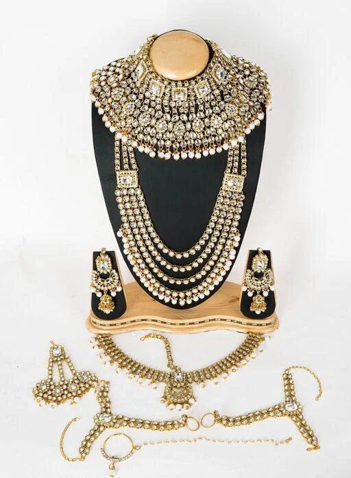 Alloy gold plated stones and beads heavy bridal jewellery set for wedding