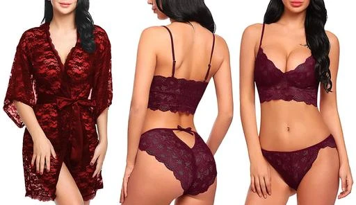 Checkout this latest Babydolls
Product Name: *Pack of 2 Babydoll Robe with Lace Bikini Set *
Fabric: Net
Sleeve Length: Three-Quarter Sleeves
Pattern: Sheer
Net Quantity (N): 2
Sizes: 
XS (Bust Size: 30 in, Length Size: 27 in) 
S (Bust Size: 32 in, Length Size: 27 in) 
M (Bust Size: 34 in, Length Size: 27 in) 
Fabric: Quality,Soft & Comfortable made up with Imported Thinnest Smooth Eye lace Net. Comfortable fit for most women/girls. This babydoll lingerie is made of soft Net. This item is Must have an item in your wardrobe. Style: Sleeveless Women Babydoll Nightwear Lingerie. Floral Lace design, flowly pattern for sexy super hot look.Alluring see through women lingerie amazing web design on bust. Super Hot & Sexy Women babydoll lingerie with bikini set. Simple yet tasteful, sexy yet graceful. Occasion: Honeymoon lingerie, wedding anniversary lingerie, bridal lingerie, wedding gifts, bachelorette lingerie gifts, Valentine’s Day lingerie gifts, maternity lingerie, Christmas Day, Thanksgiving Day gifts, Anniversary gifts, birthday gifts etc.
Country of Origin: India
Easy Returns Available In Case Of Any Issue


SKU: SE - NL 0009 MRN  & 0020N WINE
Supplier Name: Sam Enterprises

Code: 203-70518486-994

Catalog Name: Stylish Women Babydolls
CatalogID_19239179
M04-C10-SC1049