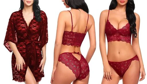 Checkout this latest Babydolls
Product Name: *Pack of 2 Babydoll Robe with Lace Bikini Set *
Fabric: Net
Sleeve Length: Three-Quarter Sleeves
Pattern: Sheer
Net Quantity (N): 2
Sizes: 
XS (Bust Size: 30 in, Length Size: 27 in) 
S (Bust Size: 32 in, Length Size: 27 in) 
M (Bust Size: 34 in, Length Size: 27 in) 
Fabric: Quality,Soft & Comfortable made up with Imported Thinnest Smooth Eye lace Net. Comfortable fit for most women/girls. This babydoll lingerie is made of soft Net. This item is Must have an item in your wardrobe. Style: Sleeveless Women Babydoll Nightwear Lingerie. Floral Lace design, flowly pattern for sexy super hot look.Alluring see through women lingerie amazing web design on bust. Super Hot & Sexy Women babydoll lingerie with bikini set. Simple yet tasteful, sexy yet graceful. Occasion: Honeymoon lingerie, wedding anniversary lingerie, bridal lingerie, wedding gifts, bachelorette lingerie gifts, Valentine’s Day lingerie gifts, maternity lingerie, Christmas Day, Thanksgiving Day gifts, Anniversary gifts, birthday gifts etc.
Country of Origin: India
Easy Returns Available In Case Of Any Issue


SKU: SE - NL 0009 MRN  & 0020N MRN
Supplier Name: Sam Enterprises

Code: 203-70518491-994

Catalog Name: Stylish Women Babydolls
CatalogID_19239179
M04-C10-SC1049