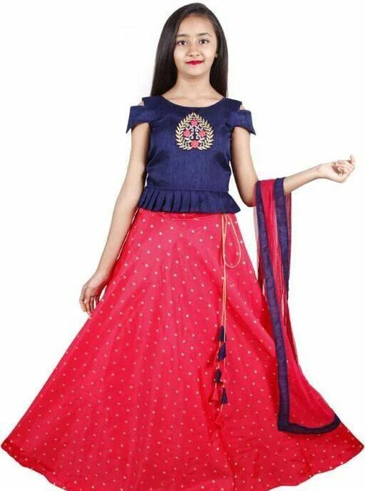 Muhuratam Kids Navy & Red Embroidered Lehenga, Choli, Attached Dupatta with  Unstiched Sleeves