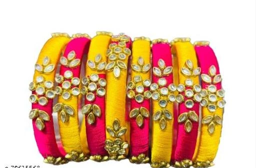 Silk thread bangles sales yellow and pink