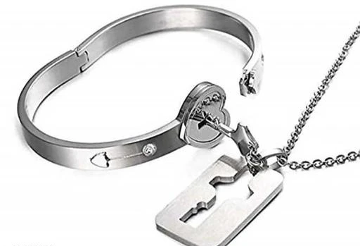 Couple Stainless Steel Love Heart Lock Bracelet with Key Pendant Necklace  Set