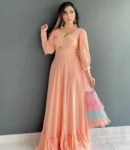 Checkout this latest Gowns
Product Name: *Beautiful Peach colored Embrodeiry Floor Touch gown*
Fabric: Georgette
Sleeve Length: Long Sleeves
Pattern: Solid
Net Quantity (N): 1
Sizes:
XS, S (Bust Size: 36 in, Length Size: 55 in, Waist Size: 32 in, Hip Size: 40 in, Shoulder Size: 14 in) 
M, L, XL, XXL, XXXL
it has one piece of gown an duppata
Country of Origin: India
Easy Returns Available In Case Of Any Issue


SKU: V142
Supplier Name: SHIVAY FASHION 1

Code: 2341-72514169-9962

Catalog Name: Classy Graceful Women Gowns
CatalogID_19907782
M04-C07-SC1289