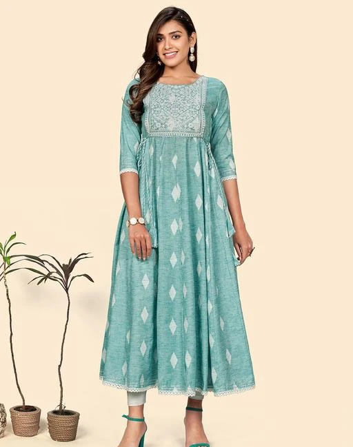 Checkout this latest Kurtis
Product Name: *Vbuyz Women'S Embroidered Flared Cotton Blend Turquoise Stitched Dress*
Fabric: Cotton Blend
Sleeve Length: Three-Quarter Sleeves
Pattern: Embroidered
Combo of: Single
Sizes:
M (Bust Size: 38 in, Size Length: 53 in) 
XL (Bust Size: 42 in, Size Length: 53 in) 
Vbuyz Women'S Embroidered Flair  Cotton Blend Turquoise Stitched Dress Has A Round Neck, Regular Sleeves, Embroidered, Flare Hem, No Slit. It Will Keep You Comfortable For A Party Wear Look. Pair It With High Heels And Look Effortlessly Chic And Fashionable.
Country of Origin: India
Easy Returns Available In Case Of Any Issue


SKU: VF-KU-1579-R
Supplier Name: V-Fabrics

Code: 3701-72779783-9494

Catalog Name: Abhisarika Petite Kurtis
CatalogID_20005803
M03-C03-SC1001