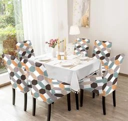 Cortina Spandex Stretchable Beige Geometric Print Polyester Chair Cover  (Set of 2, 4 & 6)