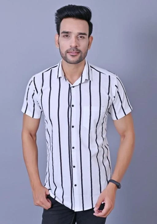 Fcity In Men Slim Fit Striped Cut Away Collar White Casual Shirt Stylish Half