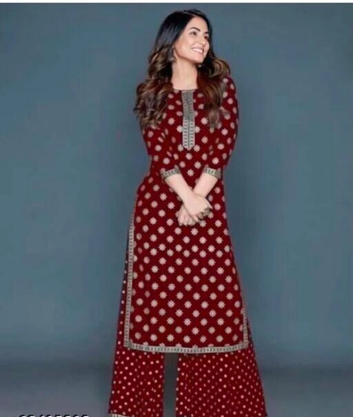 Checkout this latest Kurta Sets
Product Name: *kurti set woman*
Kurta Fabric: Rayon
Bottomwear Fabric: Rayon
Fabric: Rayon
Sleeve Length: Three-Quarter Sleeves
Set Type: Kurta With Bottomwear
Bottom Type: Palazzos
Pattern: Printed
Net Quantity (N): Single
Sizes:
XXL (Bust Size: 44 in, Shoulder Size: 15 in, Kurta Waist Size: 42 in, Kurta Hip Size: 45 in, Kurta Length Size: 42 in, Bottom Waist Size: 42 in, Bottom Hip Size: 40 in, Bottom Length Size: 39 in) 
Zoxfay Women Printed Straight Kurti with plazzo. This kurta has highlighted pinted design, 3/4th sleeves & Round neck. it looks too pretty with stunning look while wearing, this designer Kurti set will make you the star of this upcoming season.This is Designed as per the latest trends to keep you in sync with high fashion and other occasion, it will keep you comfortable all day long.We believe in better clothing products cause helping women's to look pretty, feel comfortable is our ultimate goal.Our collection includes different styles of cotton Kurta that cater to a wide variety of the wardrobe requirements of the Indian woman.
Country of Origin: India
Easy Returns Available In Case Of Any Issue


SKU: 00003Maroon
Supplier Name: Bala enterpreses

Code: 563-75248051-999

Catalog Name: Aishani Fashionable Women Kurta Sets
CatalogID_20859138
M03-C04-SC1003