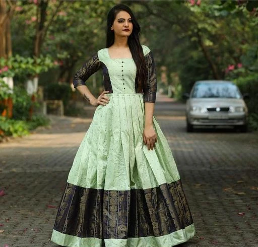 Koti Style Green Cotton Anarkali Long Gown  Gunj Fashion