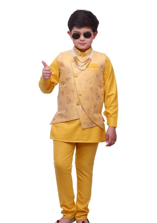Checkout this latest Kurta Sets
Product Name: *FEELLASTO Boy's Ethnic Wear Cotton Blend Kurta Pajama & Jacket Set*
Top Fabric: Cotton Blend
Bottom Fabric: Cotton Blend
Waistcoat Fabric: Cotton Blend
Sleeve Length: Long Sleeves
Bottom Type: pyjamas
Top Pattern: Printed
Net Quantity (N): 3
Make your boy look charming and trendy by buying him this Yellow colored ethnic suit set from FEELLASTO. Made from Cotton Blend material for KURTA, PYJAMA & WAISTCOAT, this ethnic suit set consists of a Kurta, a pair of Pyjamas and a Waistcoat. Waistcoat has self-pattern, Nehru collar, sleeveless, chest pocket, pocket square, button detailing that makes your boy look all the more stylish. You can team this boy’s party wear with a pair of Mojaris to complete your son’s party look. Suitable for Parties, Wedding, Ceremony, Festival & Special Occasions. FEELLASTO a leading Brand in kids wear with wide range of kids clothing which includes kid’s ethnic wear and a lot more.
Sizes: 
2-3 Years, 3-4 Years, 4-5 Years, 5-6 Years, 6-7 Years, 7-8 Years, 8-9 Years, 9-10 Years, 10-11 Years
Country of Origin: India
Easy Returns Available In Case Of Any Issue


SKU: MEESHO-KOTI-KURTA-PYJAMA-001-YELLOW
Supplier Name: Feellasto

Code: 668-75497497-9971

Catalog Name: Modern Elegant Kids Boys Kurta Sets
CatalogID_20944017
M10-C32-SC1170