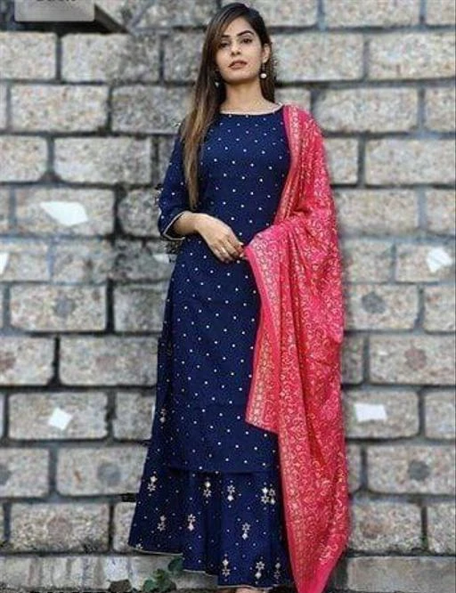 Checkout this latest Dupatta Sets
Product Name: *Falak Garments Premium Printed Rayon Latest trend kurti comfortable feel ultimate highlited Printed design stunning look Women Kurta Palazzo Dupatta set (NAVY BLUE-PINK)*
Kurta Fabric: Rayon
Fabric: Rayon
Bottomwear Fabric: Rayon
Sleeve Length: Three-Quarter Sleeves
Pattern: Printed
Set Type: Kurta with Dupatta and Bottomwear
Stitch Type: Stitched
Net Quantity (N): Single
Women Printed Straight Kurta palazzo dupatta set. This kurta has highlighted pinted design, 3/4th sleeves & Round neck. it looks too pretty with stunning look while wearing, this designer Kurti set will make you the star of this upcoming season.This is Designed as per the latest trends to keep you in sync with high fashion and other occasion, it will keep you comfortable all day long.We believe in better clothing products cause helping women's to look pretty, feel comfortable is our ultimate goal.Our collection includes different styles of cotton Kurta that cater to a wide variety of the wardrobe requirements of the Indian woman.
Sizes: 
S
Country of Origin: India
Easy Returns Available In Case Of Any Issue


SKU: Navy-Blue-Kurta-Palazzo-Dupatta-set-Falak
Supplier Name: FALAK GARMENTS

Code: 084-76157737-9941

Catalog Name: Aagam Fabulous Women Dupatta Sets
CatalogID_21162283
M03-C52-SC1853