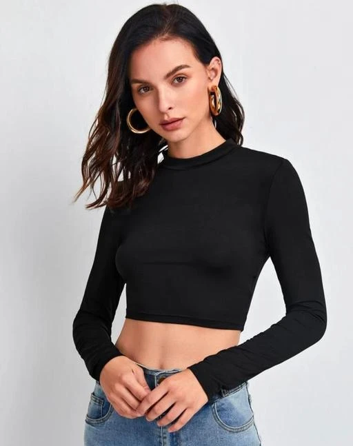 Polyester Blend Full Sleeves Casual Black Crop Top (17Inches)