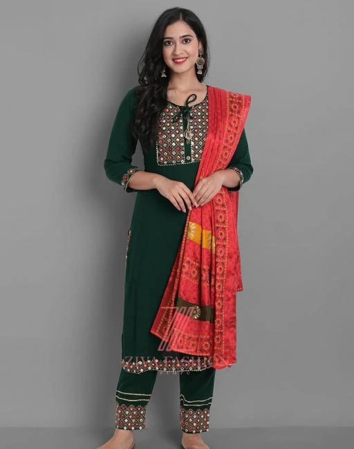 Checkout this latest Dupatta Sets
Product Name: *Ziva Fashion Women Kurta Pant & Silk Dupatta Set*
Kurta Fabric: Rayon
Fabric: Rayon
Bottomwear Fabric: Rayon
Sleeve Length: Three-Quarter Sleeves
Pattern: Embroidered
Set Type: Kurta with Dupatta and Bottomwear
Stitch Type: Stitched
Multipack: Single
Sizes: 
S (Bust Size: 36 in, Top Length Size: 44 in, Bottom Waist Size: 28 in, Bottom Length Size: 40 in, Dupatta Length Size: 2.25 in) 
M, L, XL, XXL
Country of Origin: India
Easy Returns Available In Case Of Any Issue


SKU: k-139-Green
Supplier Name: WS Retails-

Code: 139-76835520-9951

Catalog Name: Trendy Refined Women Dupatta Sets
CatalogID_21393803
M03-C52-SC1853