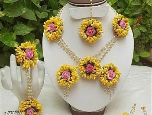 Pink and Yellow Floral Haldi Mehandi Wedding Bridal Necklace