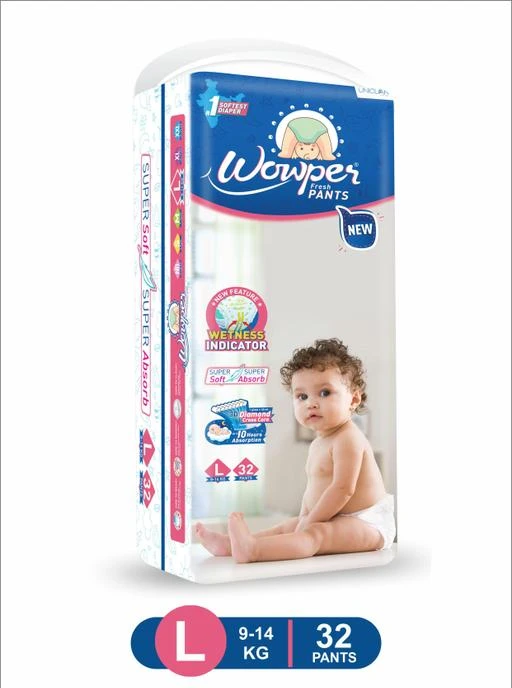 Checkout this latest Baby Daipers
Product Name: *Wowper Fresh Baby Diapers Pants New Large| Wetness Indicator | Upto 10 Hrs Absorption | 9-14 Kg | 32 count*
Product Name: Wowper Fresh Baby Diapers Pants New Large| Wetness Indicator | Upto 10 Hrs Absorption | 9-14 Kg | 32 count
Size: L
Net Quantity (N): 1
WOWPER is India’s softest baby diapers Brand and it is the best choice for your baby's feather soft, sensitive skin. • The new WOWPER range of Baby Diapers comes with a WETNESS INDICATOR. • WOWPER baby diaper is Super Soft, Super Absorbing. Its Quick Lock Gel system freezes the moisture for up to 10 hours. • This L size diaper has double layered side strips for Extra protection from side leakage with 3D Diamond Cross Core absorbent sheet. The top layer comes with Cottony Ultra soft material which keeps the baby fresh and comfortable all night long. • WOWPER fresh pants baby diapers are available in Small (S), Medium (M), Large (L), Extra Large (XL) And Double Extra Large(XXL) variants. • This Wowper Fresh baby diaper Pants, L size pack is designed for the baby weighing around 9-14 kg. This pack contains 32 pieces.
Country of Origin: India
Easy Returns Available In Case Of Any Issue


SKU: WOWPER_NEW_L32
Supplier Name: UNICLAN HEALTHCARE PRIVATE LIMITED

Code: 033-77354020-994

Catalog Name:  Fancy Baby Daipers
CatalogID_21576205
M07-C46-SC2019