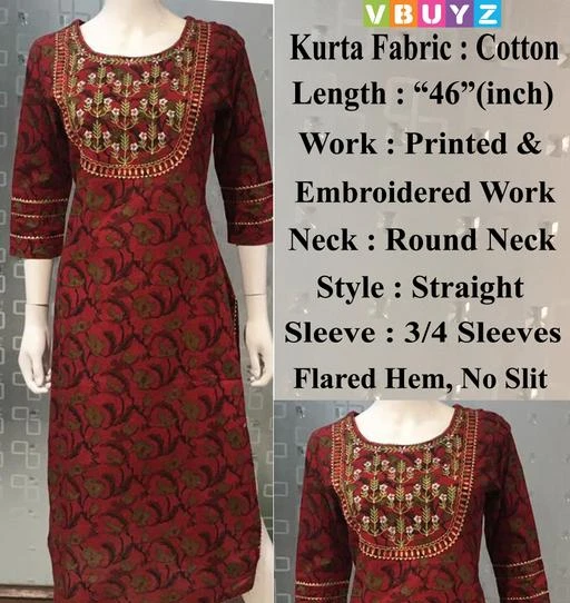 Checkout this latest Kurtis
Product Name: *Vbuyz Women's Printed & Embroidered Straight Cotton Red Stitched Kurta*
Fabric: Cotton
Sleeve Length: Three-Quarter Sleeves
Pattern: Printed
Combo of: Single
Sizes:
S, M (Bust Size: 38 in, Size Length: 45 in) 
XL (Bust Size: 42 in, Size Length: 45 in) 
Vbuyz Women's Printed & Embroidered Straight Cotton Red Stitched Kurta has a Round Neck, 3/4 Sleeves, Printed & Embroidered, Straight Hem, Side Slit. It will keep you comfortable for a party wear look. Pair it with high heels and look effortlessly chic and fashionable.
Country of Origin: India
Easy Returns Available In Case Of Any Issue


SKU: VF_KU_1389
Supplier Name: V-Fabrics

Code: 136-77373251-9982

Catalog Name: Aishani Petite Kurtis
CatalogID_21582652
M03-C03-SC1001