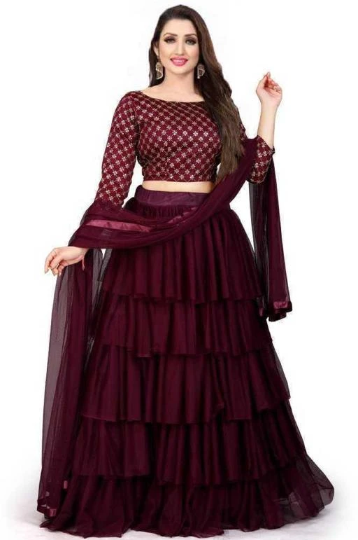 Checkout this latest Lehenga
Product Name: *New Maroon Lehenga Choli*
Topwear Fabric: Satin
Bottomwear Fabric: Tissue
Dupatta Fabric: Tissue
Set type: Choli And Dupatta
Top Print or Pattern Type: Embroidered
Bottom Print or Pattern Type: Ruffle
Dupatta Print or Pattern Type: Solid
Sizes: 
Semi Stitched (Lehenga Waist Size: 45 in, Lehenga Length Size: 43 in) 
Free Size (Lehenga Waist Size: 45 in, Lehenga Length Size: 43 in) 
NEXT IN CREATION is enough to delight women. Our designer designed special collection Lehenga choli for Indian girls to wear in party and this festive season. This is perfect gift to your sister for this Raksha bandhan Navratri/and Diwali. Christmas, New Year. Lehenga Choli Fabric Net Lehenga,Choli’s Self design work. Choli Fabric silk. with this fabric Lehenga choli looks so elegant. Net Dupatta. This Lehenga choli Has “ TEN  “ different colours so your favourite and get attraction in every events. Colour is slight different due to your visual setting of monitor and mobile screen. Style Tip: For an elegant look, long this lehenga Choli, with statement earrings & high heels. For a Stylish look, Material & Care: Dry clean only.
Country of Origin: India
Easy Returns Available In Case Of Any Issue


SKU: VIVA MAROON 001 
Supplier Name: NEXT IN CREATION

Code: 805-77436103-9981

Catalog Name: Jivika Attractive Women Lehenga
CatalogID_21607425
M03-C60-SC1005